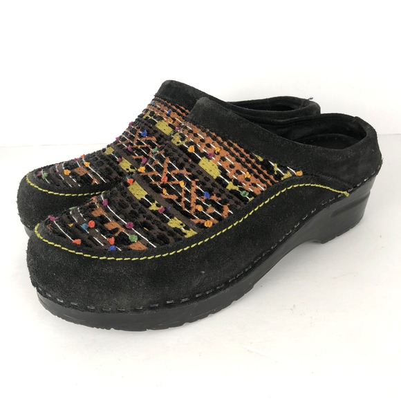DANSKO‎ Mystique Suede Clog Mule Women's Sz 39 Black Embroidered Slip-On Heel - Picture 1 of 8